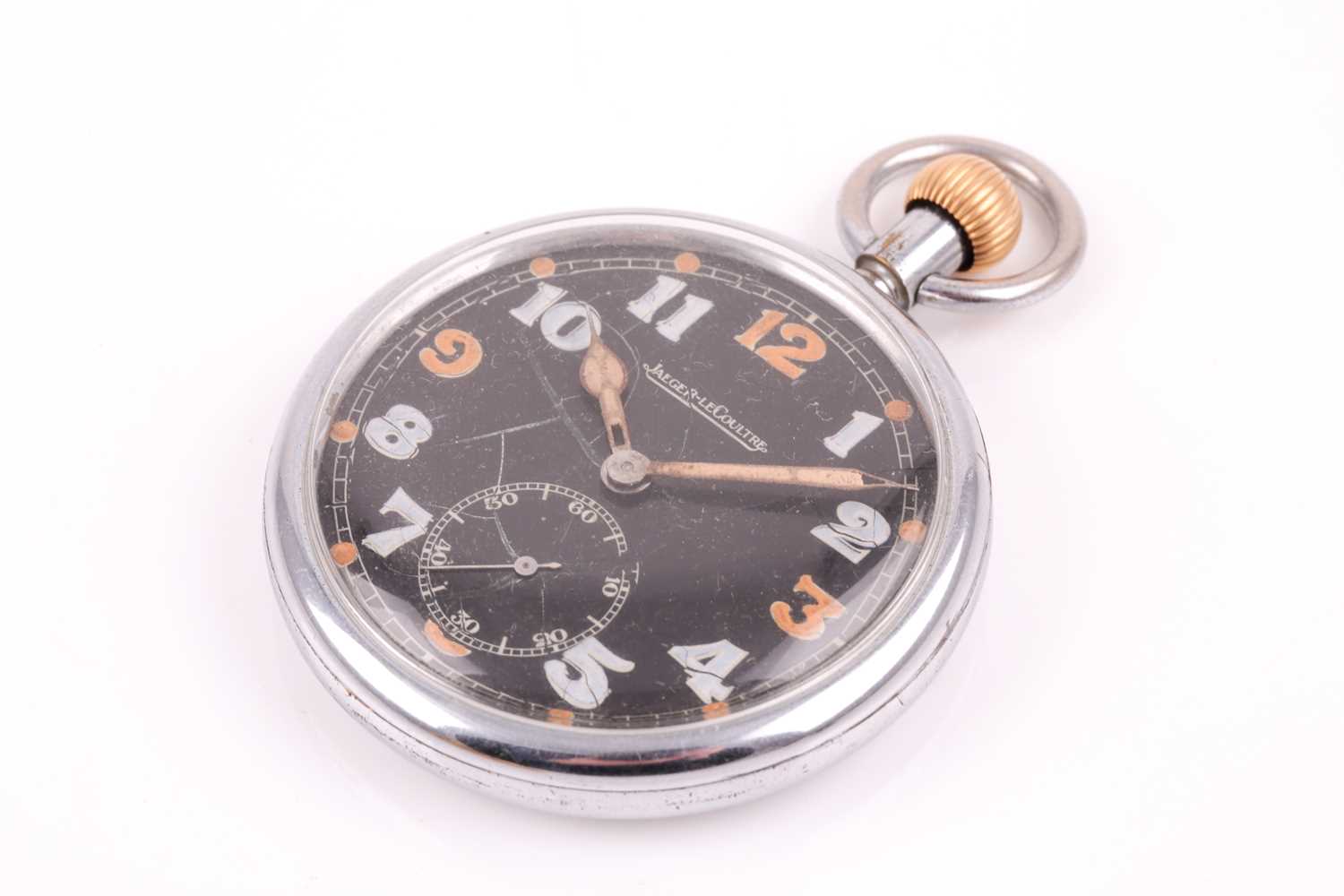 A Jaeger Lecoultre military pocket watch, the black dial with luminous and non-luminous Arabic