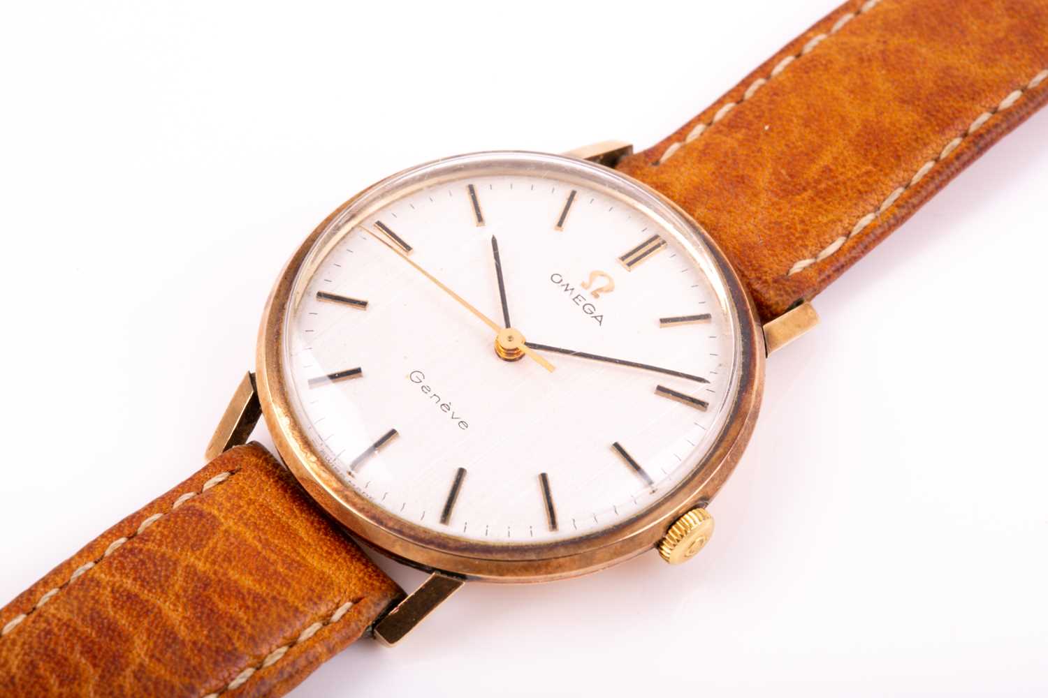 Omega. A gentleman's 9ct gold Geneve wristwatch, the brushed circular dial with baton indices and - Image 5 of 8