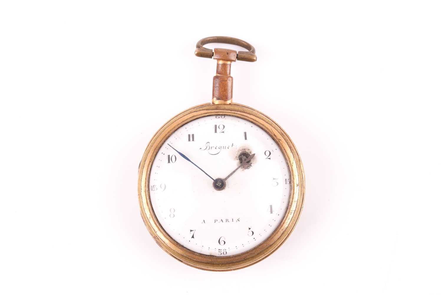 A Breguet of Paris brass-cased pocket watch, the white enamel dial signed Breguet a Paris, with