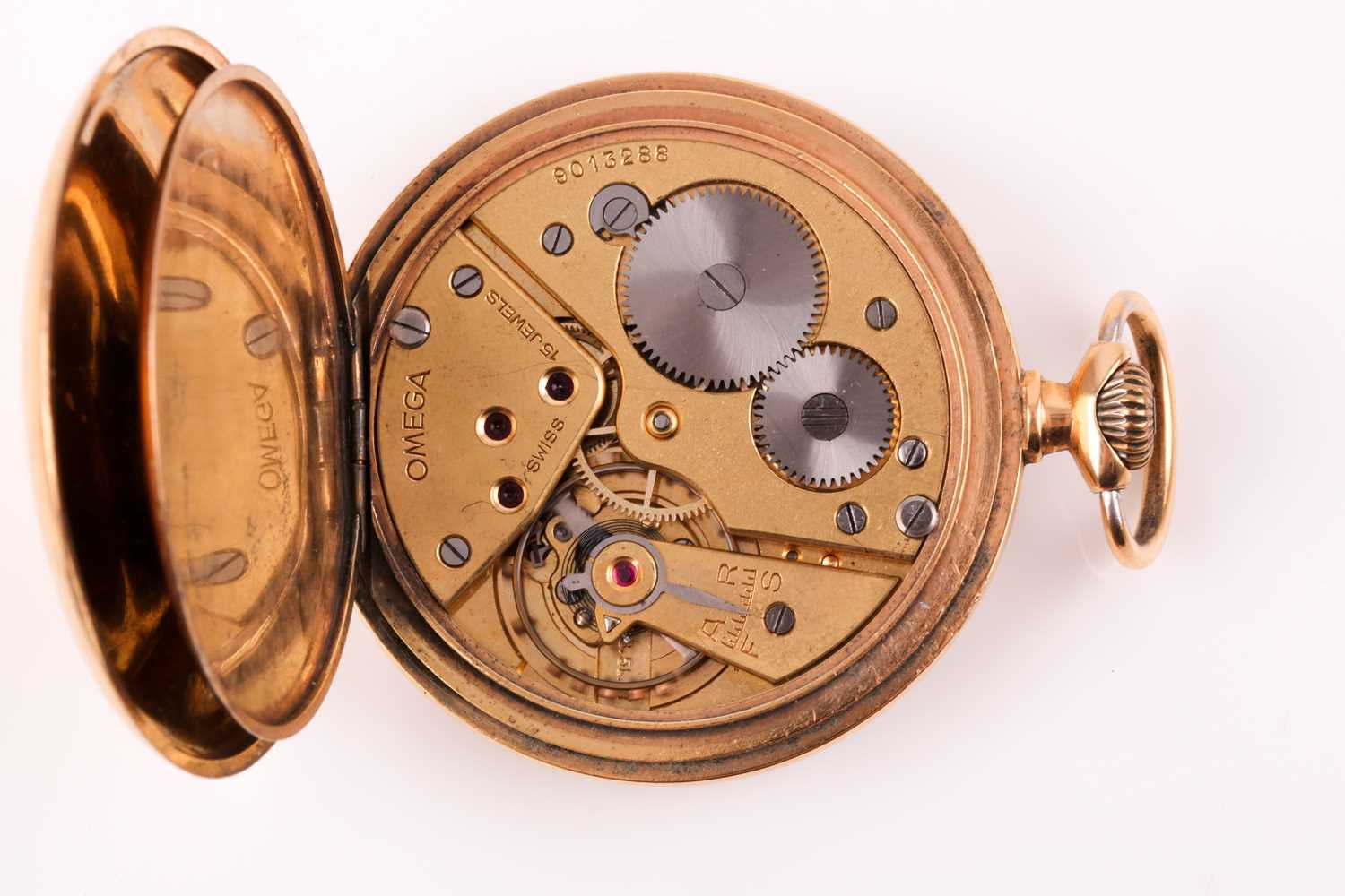 An Omega gold plated pocket watch, the white enamel dial with black Roman numerals and subsidiary - Image 9 of 9