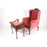 An Edwardian mahogany inlaid armchair, upholstered with musical instruments, together with a