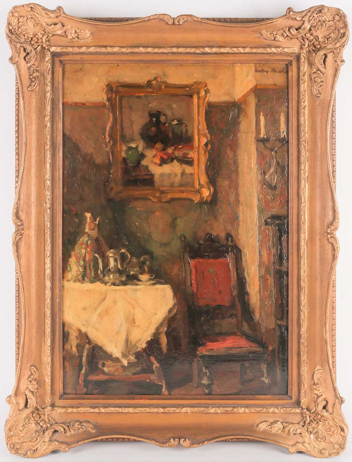 Early 20th-century school, an interior scene, indistinctly signed oil on panel, 49 cm x 33 cm in a