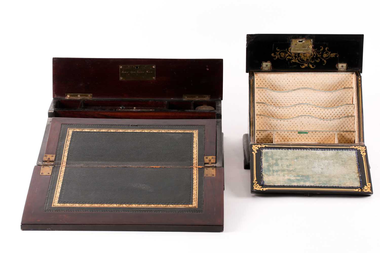 A French Napoleon III ebonized and tulipwood and brass banded amboyna writing box, with central - Image 8 of 8