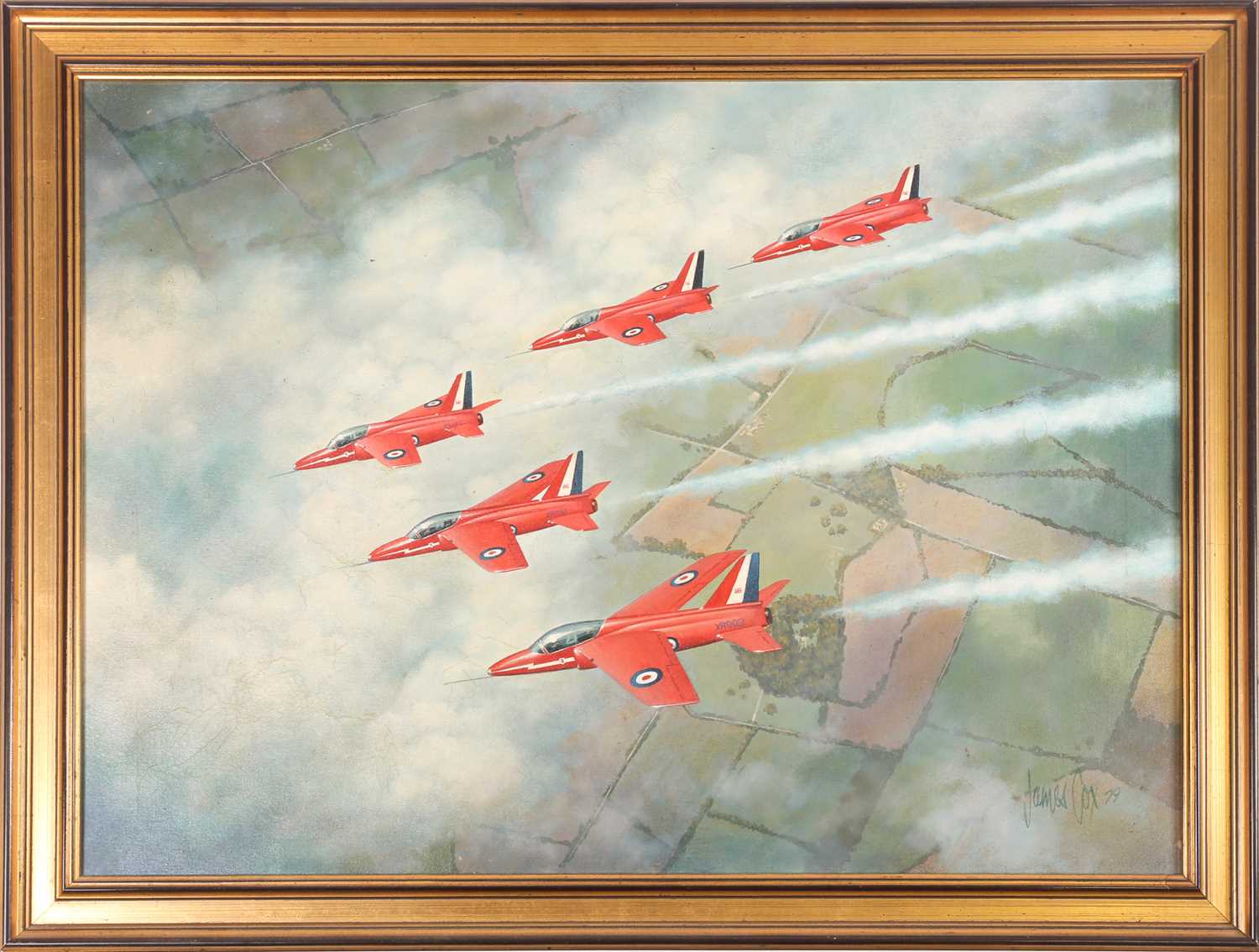 James Cox (20th century), the Red Arrows in flight, oil on panel, signed and dated '79, 55 cm x 75.5