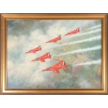 James Cox (20th century), the Red Arrows in flight, oil on panel, signed and dated '79, 55 cm x 75.5