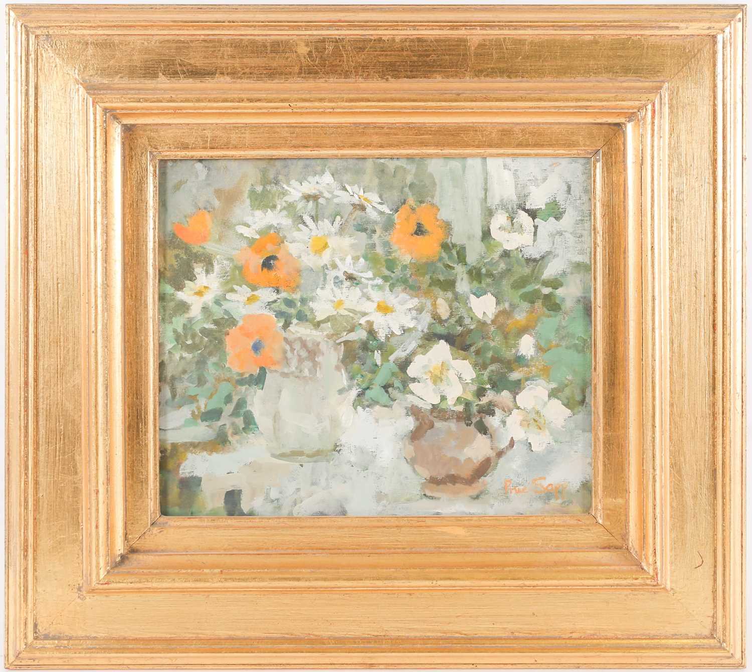 Prue Sapp (1928-2013), 'Summer Flowers', still life study, oil on panel, signed to lower right