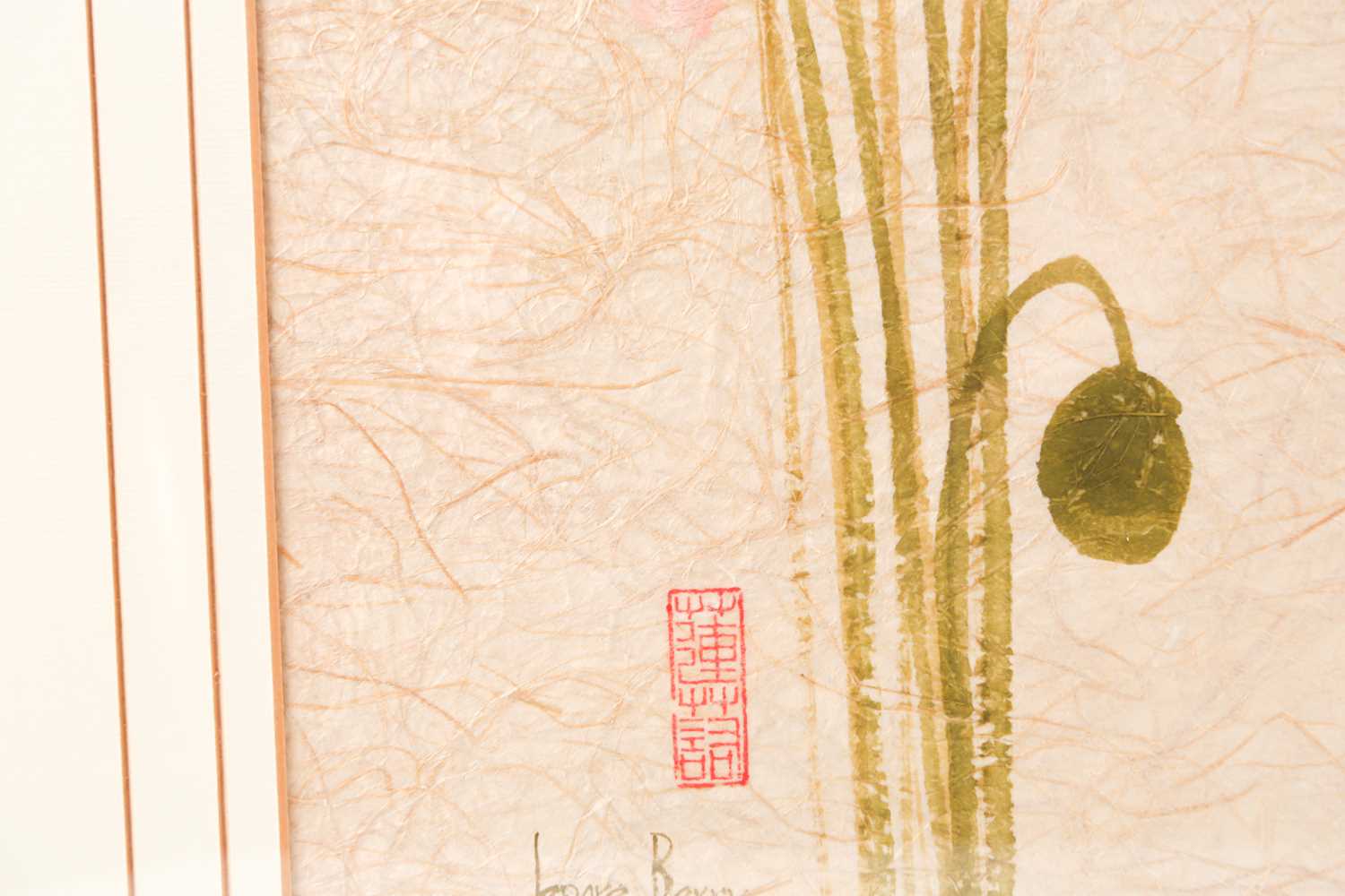 Lenore Berry, 20th century, a Chinese painting on paper, tall poppies and bamboo, signed to lower - Image 6 of 6