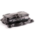 A late 19th/early 20th-century "Ebonite" four section desk top postage stamp box. The cartouch