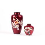 Two Japanese akasuke cloisonne vases, Showa period, each with plum blossom decoration against a