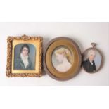 An early 19th century portrait miniature on ivory, in a leather case (12 cm x 10.7 cm, lacking
