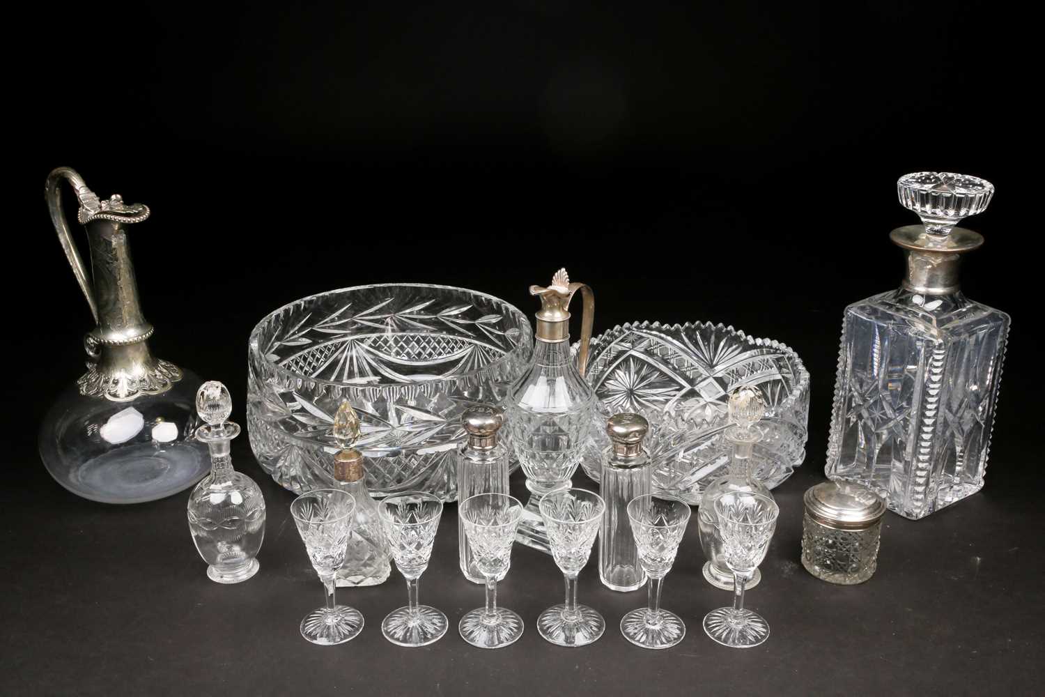 A collection of Victorian and later cut glassware, comprising a Victorian silver plated ewer