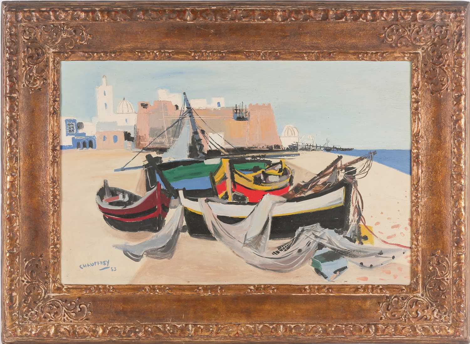 Jean B Chauffrey (b.1911), 'La Plage d'Hammamet', oil on panel, signed and dated 1953 (also signed