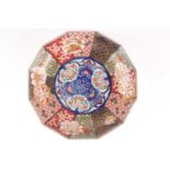 A Japanese Imari porcelain decagonal dish, late Meiji period. Painted with alternating panels of