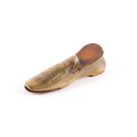 A Victorian Asprey of London brass slipper form postage stamp box. With integral letter clip and