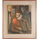 Mid-century school, an abstract study depicting a group of figures, signed 'Jennifer'? and dated '