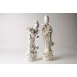 Two Chinese blanc de chine figures, Guanyin & Lan Caihe, 20th century, Guanyin holding a lotus