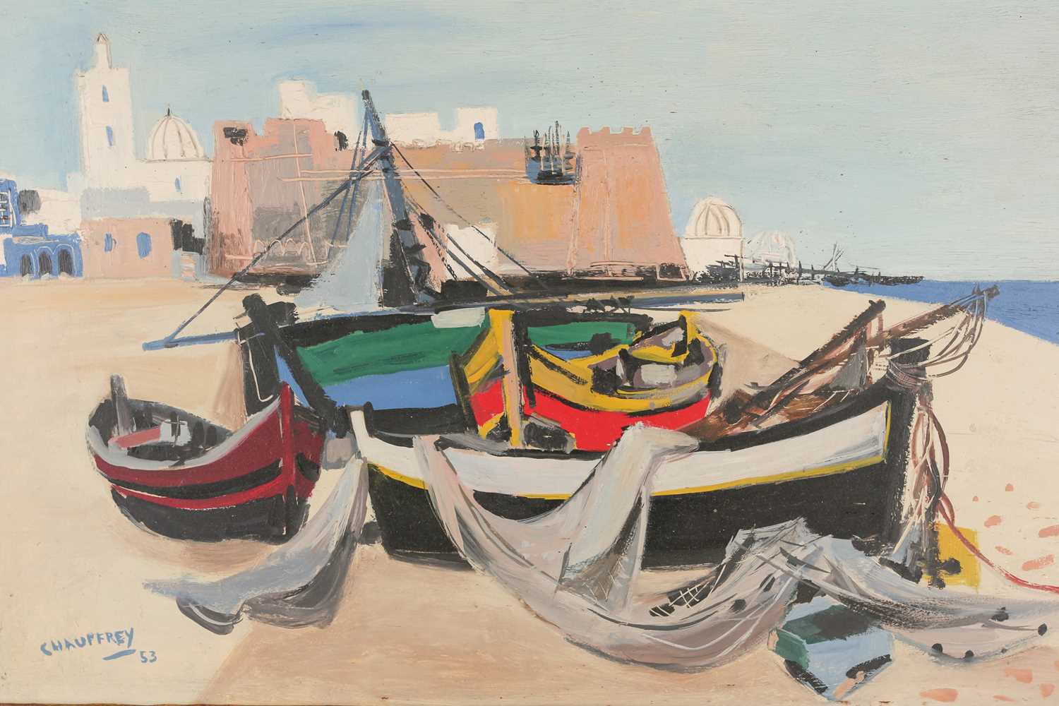 Jean B Chauffrey (b.1911), 'La Plage d'Hammamet', oil on panel, signed and dated 1953 (also signed - Image 6 of 7