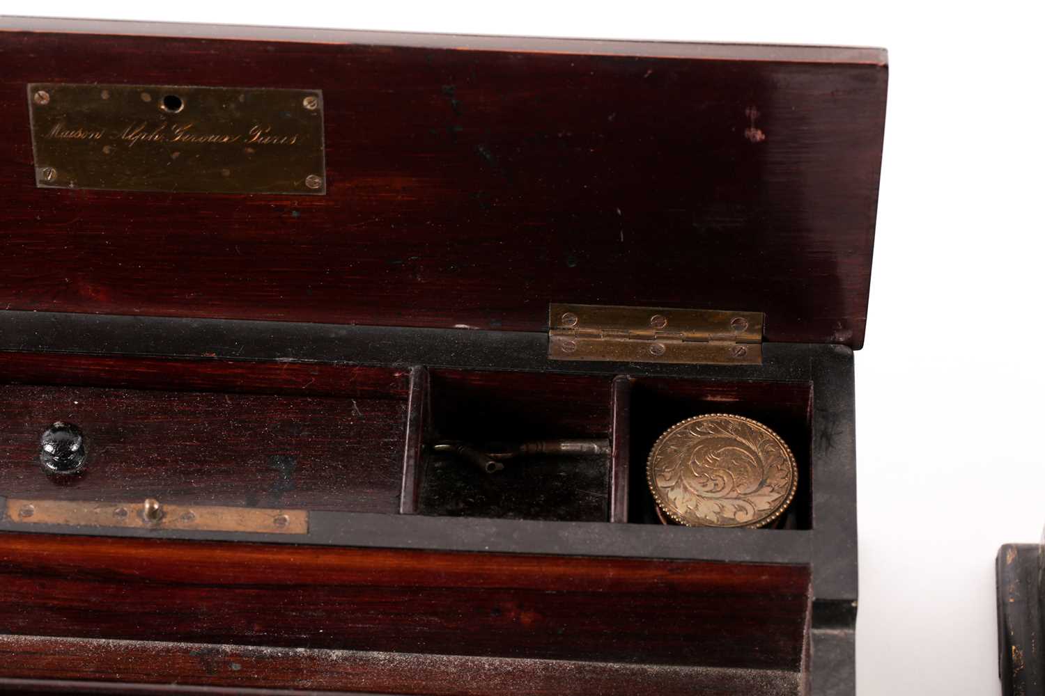 A French Napoleon III ebonized and tulipwood and brass banded amboyna writing box, with central - Image 6 of 8