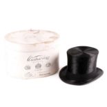 A J. Woodrow & Sons of Manchester French black silk top hat in cardboard hatbox bearing the maker'
