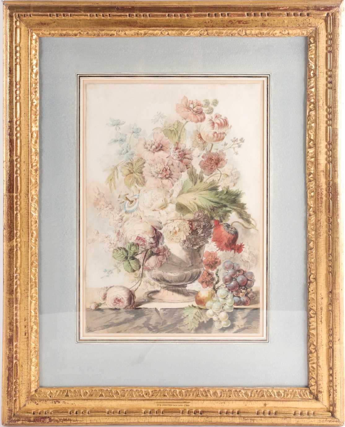 Pieter Van Loo (1731 – 1784) ‘Still life flowers in an urn’, signed lower right, pen and ink and