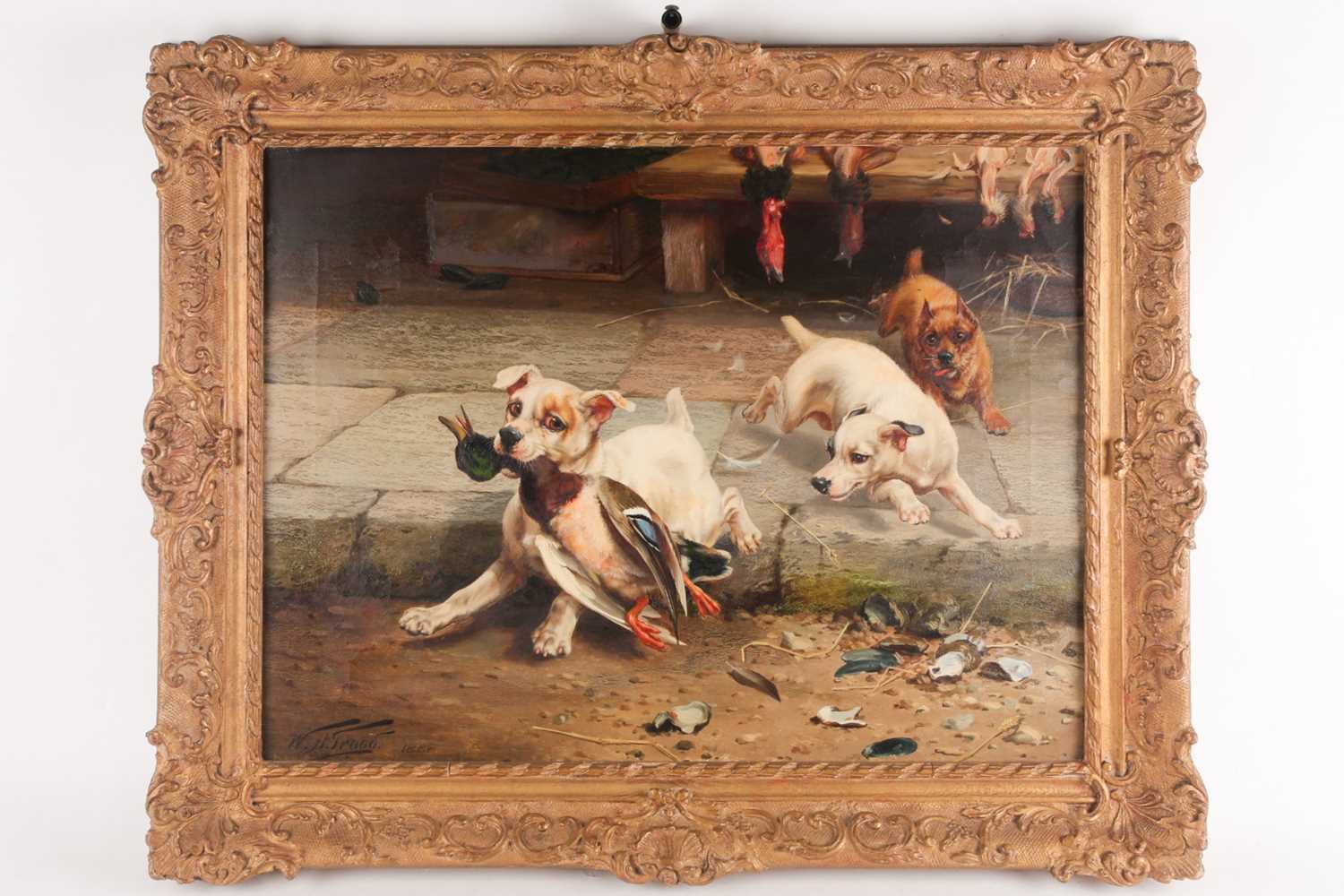 William Henry Trood (1848 - 1899), three terriers racing away from a poultry & seafood stall, one