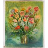 20th century school, an unframed still life study of flowers in a vase, indistinctly signed oil on