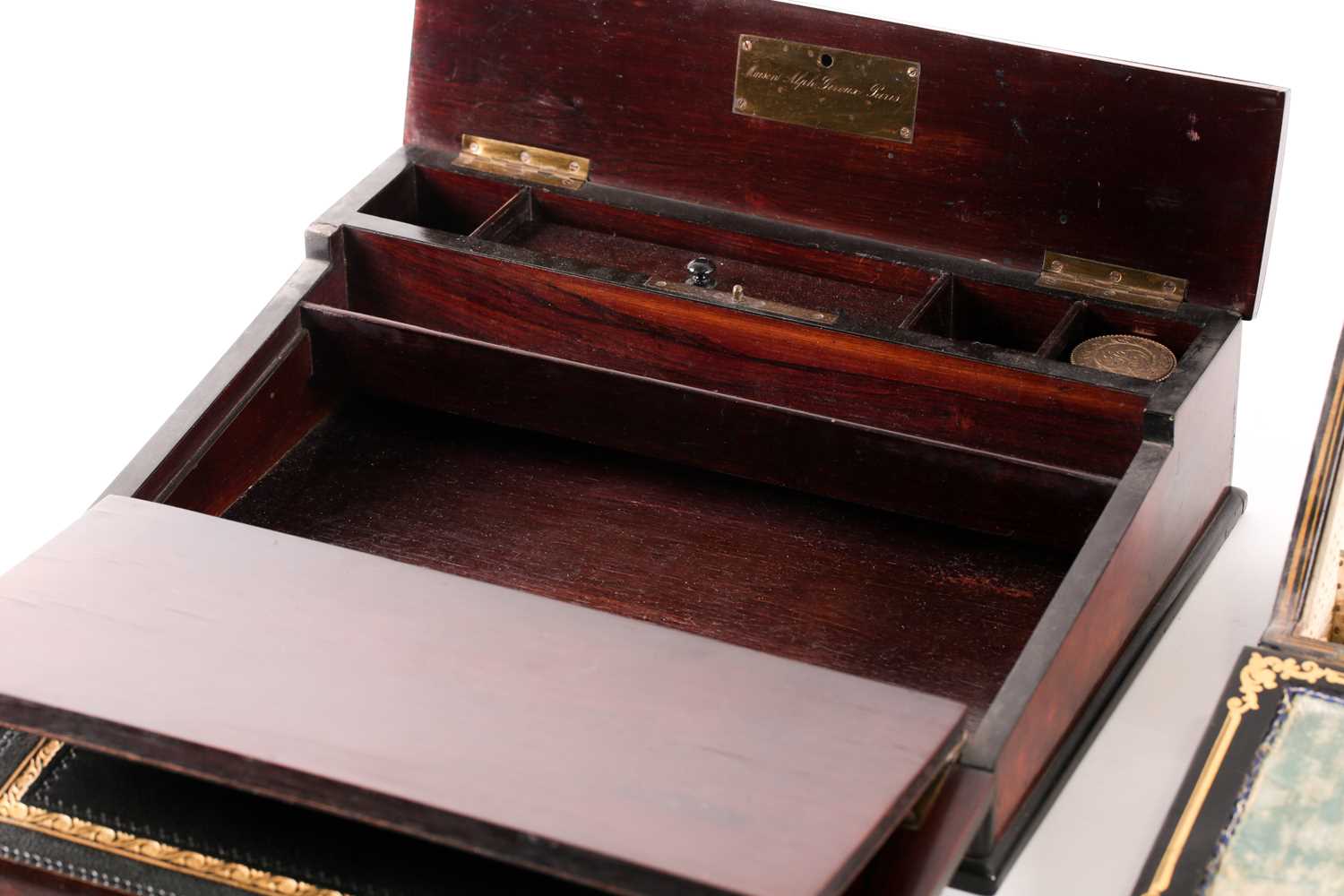 A French Napoleon III ebonized and tulipwood and brass banded amboyna writing box, with central - Image 5 of 8