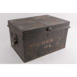 A late 19th-century metal deeds chest, painted with the initials ‘H.R.H. No. 4’, possibly a boarding