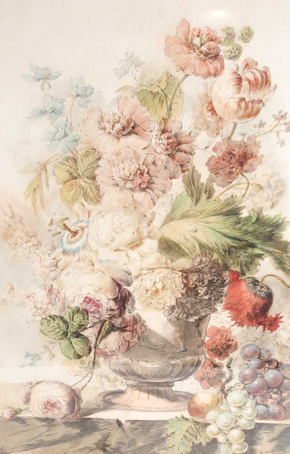 Pieter Van Loo (1731 – 1784) ‘Still life flowers in an urn’, signed lower right, pen and ink and - Image 6 of 6