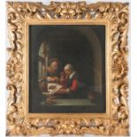 19th century Dutch school, follower of Vermeer, figures in an interior scene, unsigned oil on board,