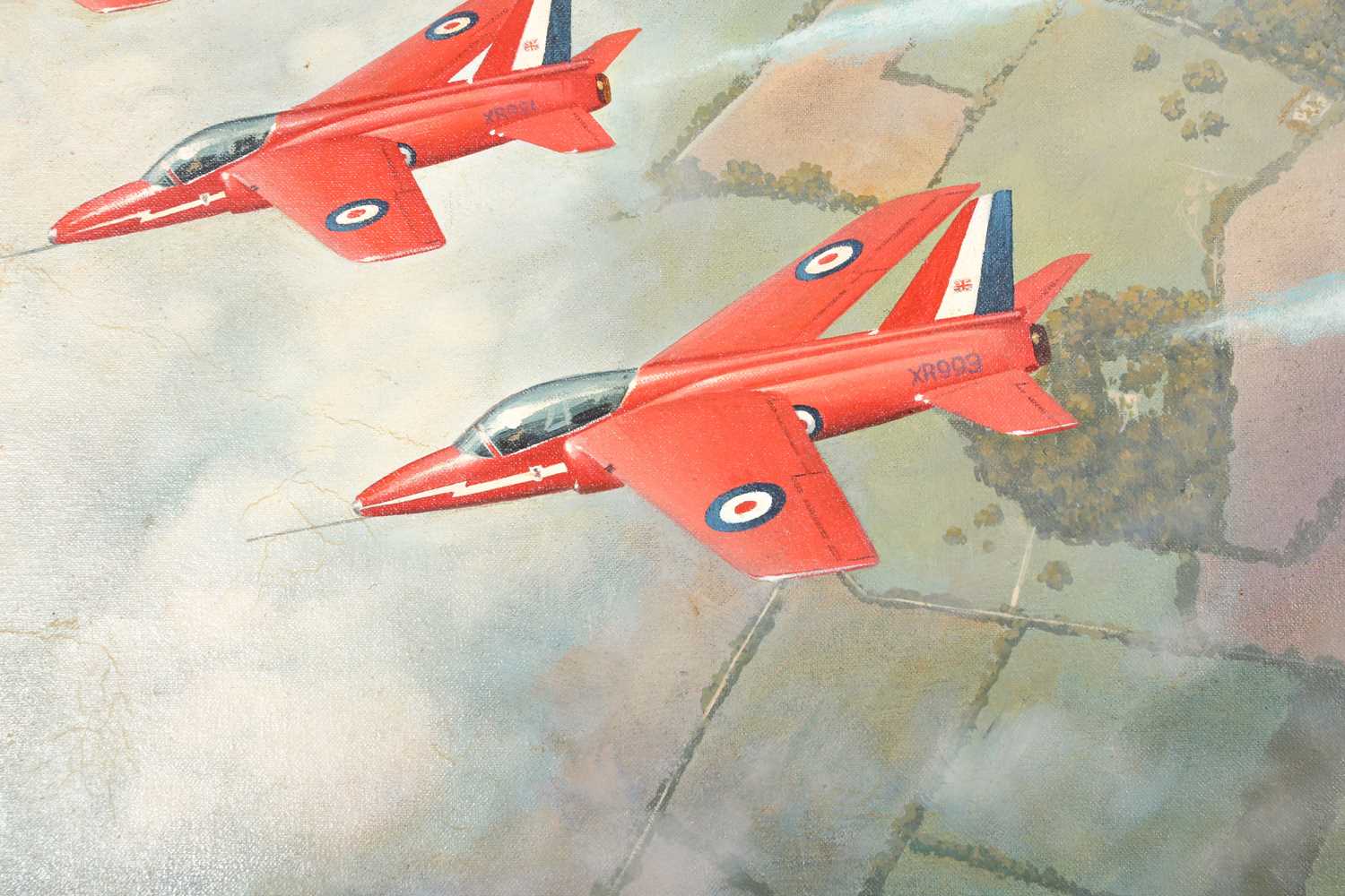 James Cox (20th century), the Red Arrows in flight, oil on panel, signed and dated '79, 55 cm x 75.5 - Image 9 of 10