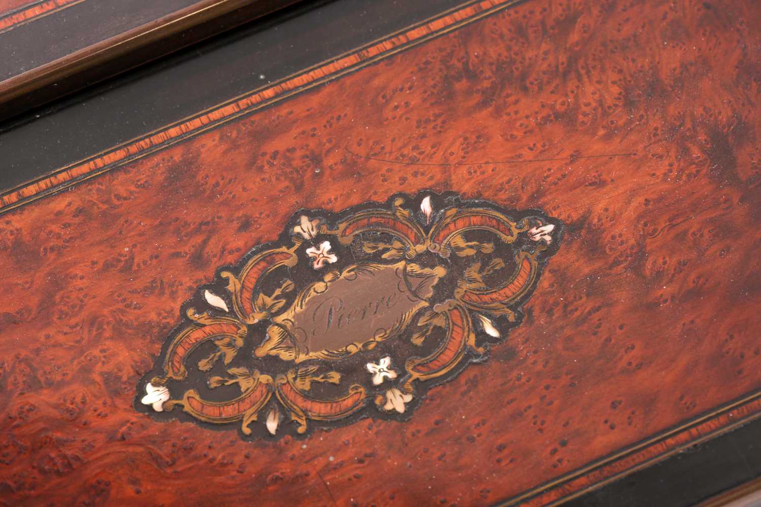 A French Napoleon III ebonized and tulipwood and brass banded amboyna writing box, with central - Image 4 of 8