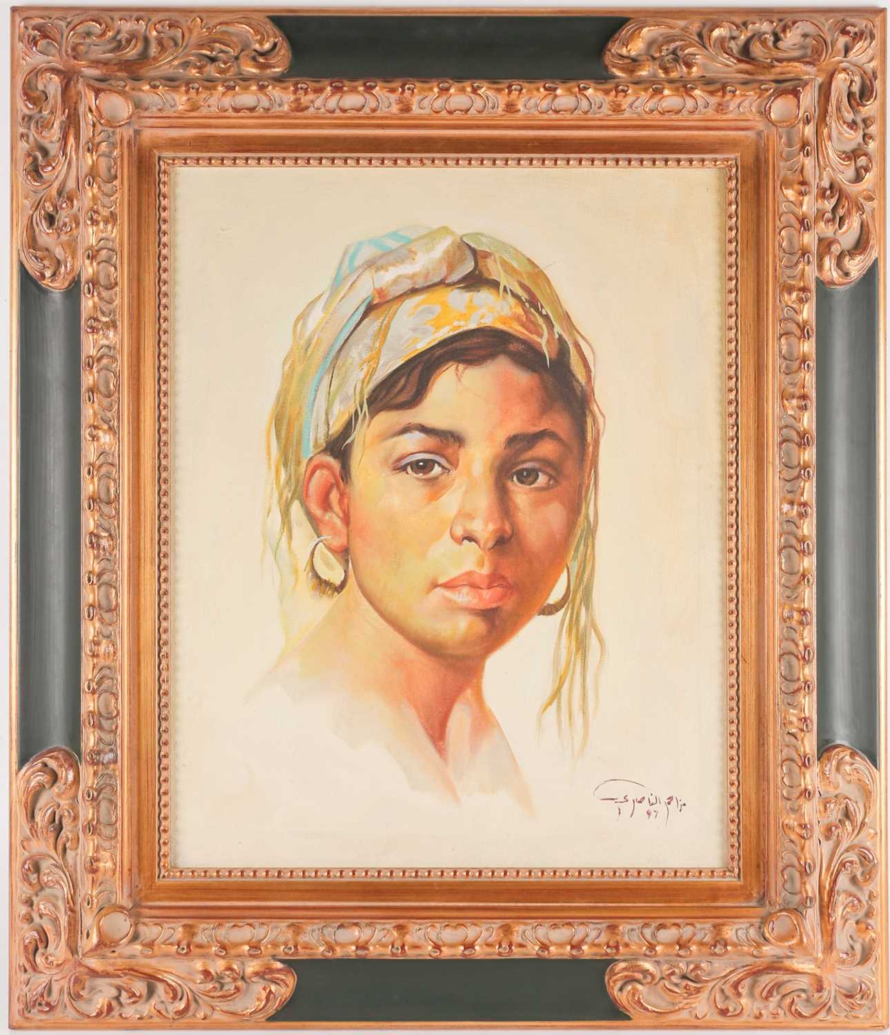 Nasser (20th century), 1997, a portrait of a young woman, oil on canvas, 49.5 cm x 39 cm in a gilt