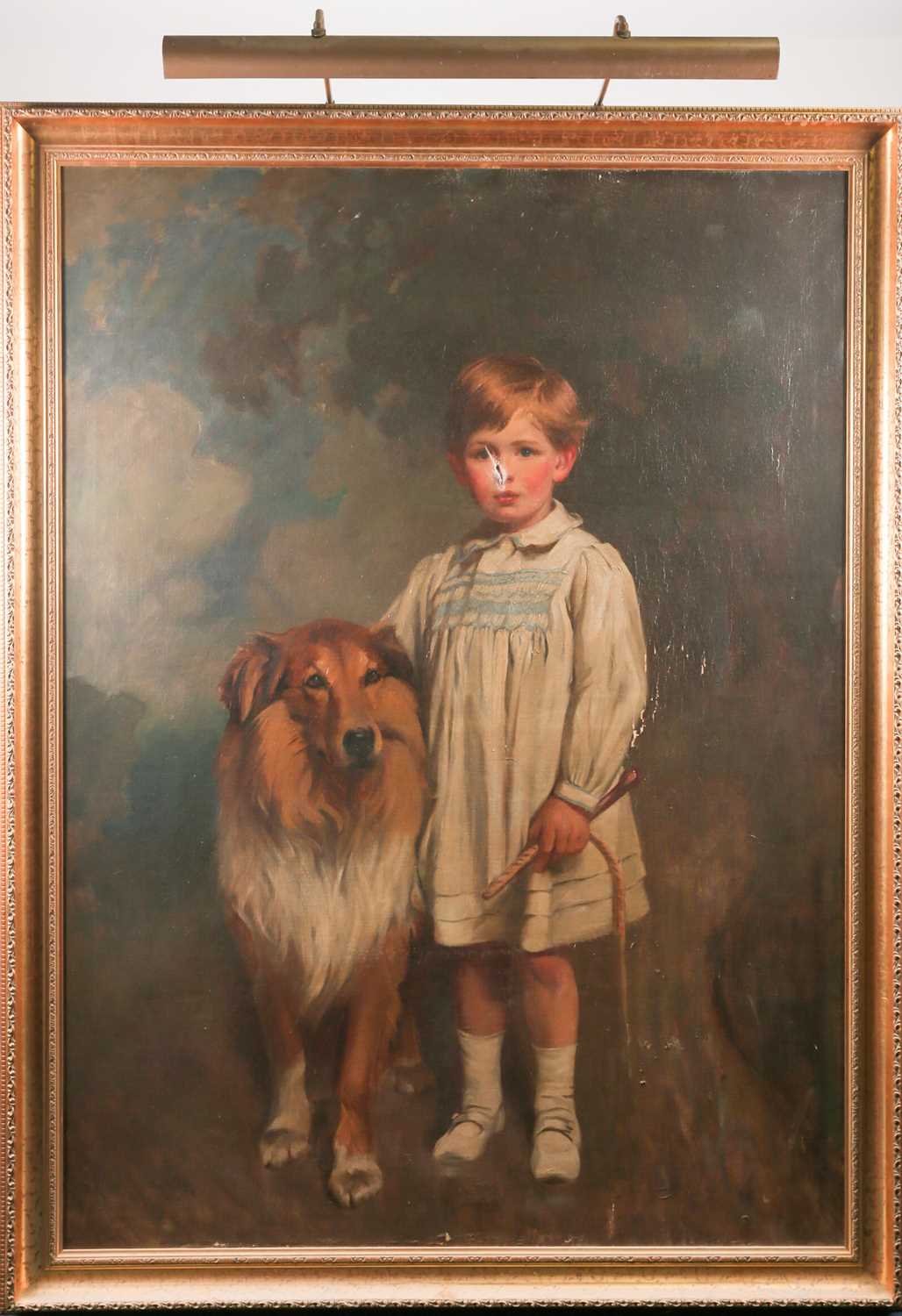 Early 20th-century school, a large full-length portrait of a young boy with a Rough Collie, unsigned