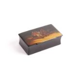 A Russian Vishnyakov factory slightly concave rectangular lacquer three-section postage stamp box,