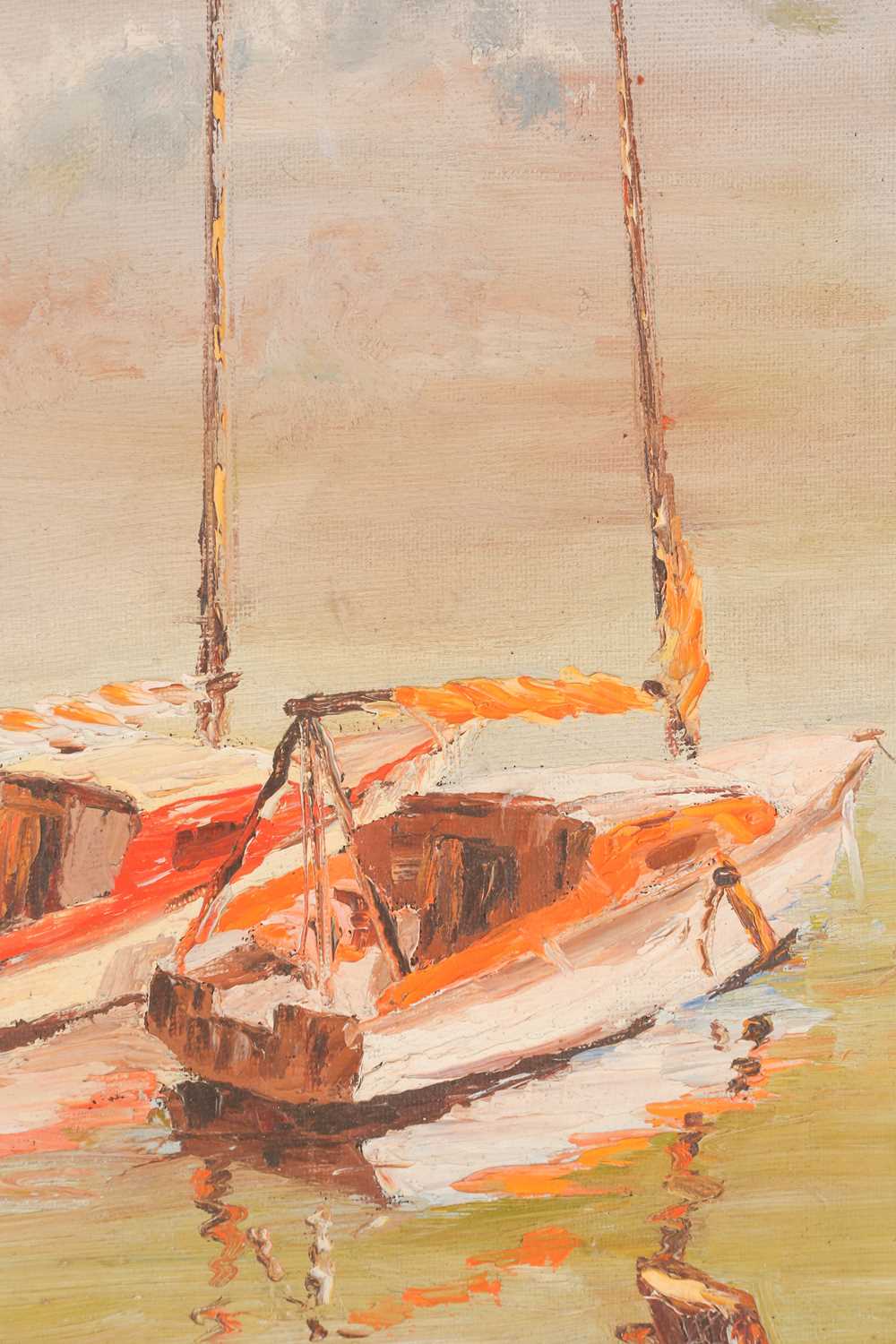 Wallace Hugh Hulley (b.1931)?, two boats on calm water, oil on panel, 58.5 cm x 28 cm in a wooden - Image 2 of 6