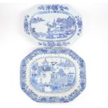 Two Chinese blue & white export porcelain meat platters, late 18th century, each with landscape