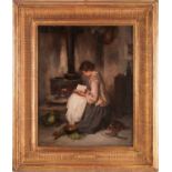 Paul Constant Soyer (French, 1823 - 1903), a young woman reading by a kitchen stove, signed and