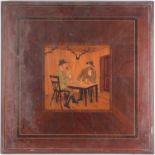 An early 20th century probably Swiss, square tabletop with figural marquetry of two gentlemen