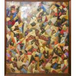 A framed late 19th century possibly American patchwork quilt of irregular segments including