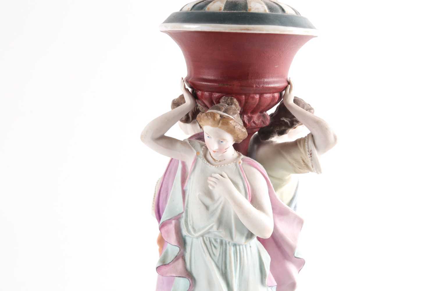 A late 19th century french biscuit porcelain table lamp, modelled with three classical greek - Image 3 of 5