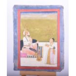 Indian School, 19th century, A Shah with huqqa and attendant, within red and blue borders,