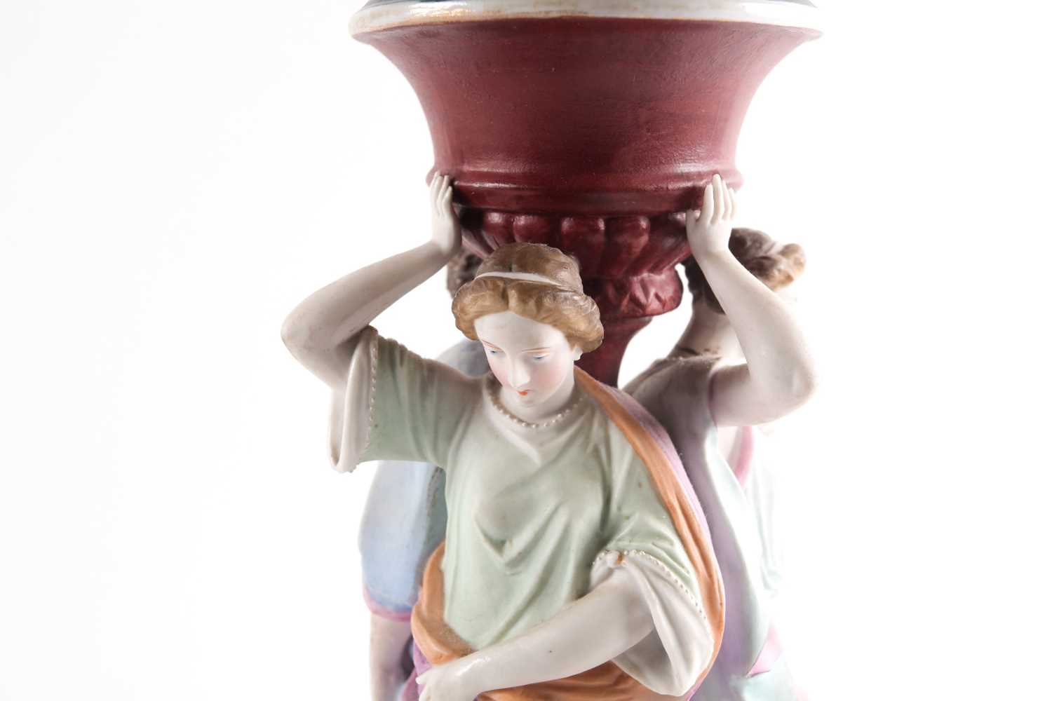 A late 19th century french biscuit porcelain table lamp, modelled with three classical greek - Image 2 of 5
