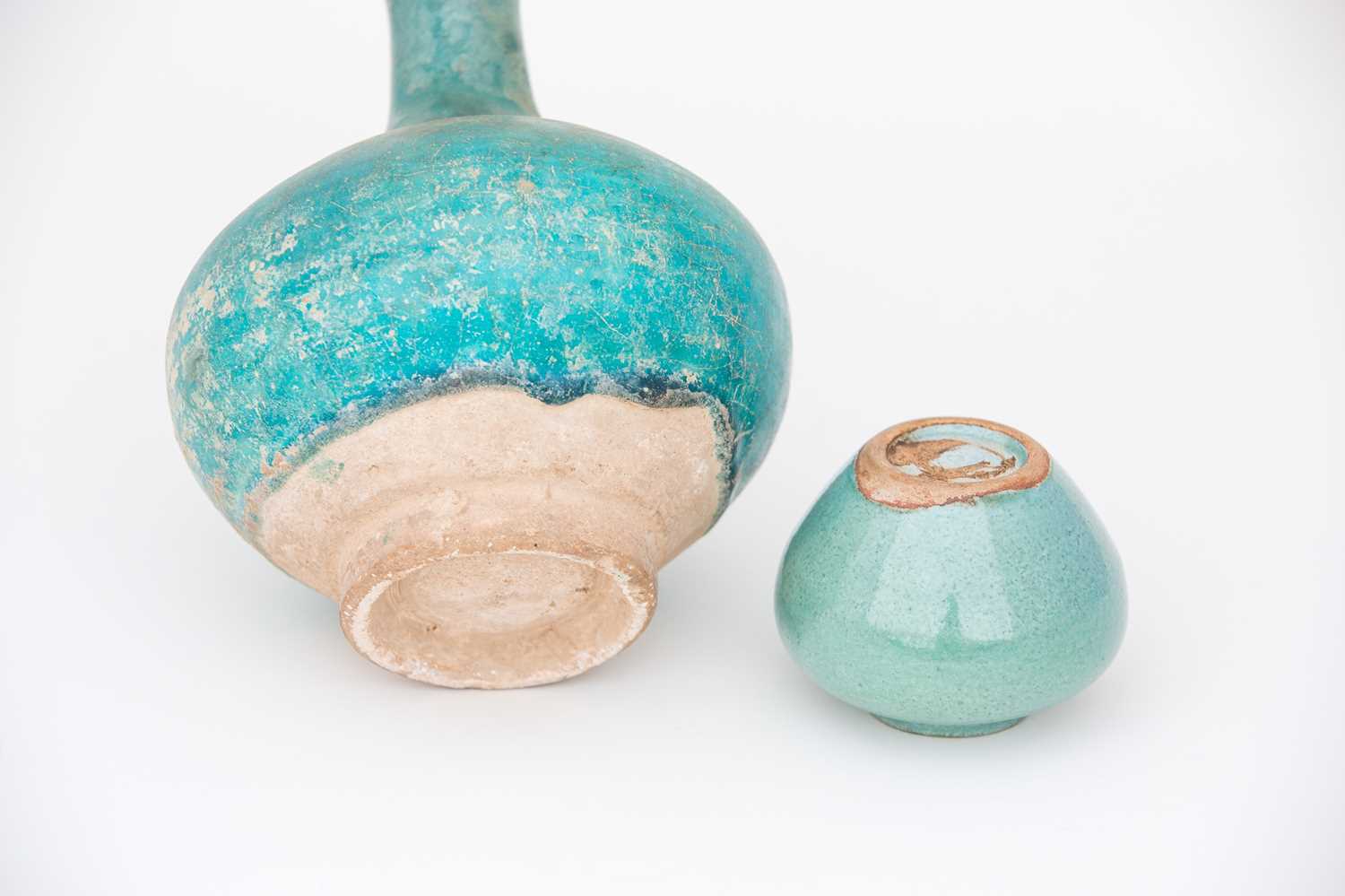 A Kirman bottle vase, 17th/18th century, the bulbous body and flared neck under a crazed turquoise - Image 3 of 4