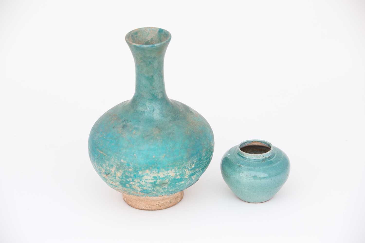 A Kirman bottle vase, 17th/18th century, the bulbous body and flared neck under a crazed turquoise - Image 2 of 4