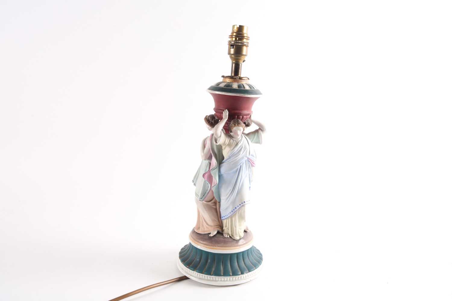 A late 19th century french biscuit porcelain table lamp, modelled with three classical greek - Image 5 of 5