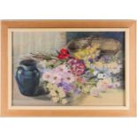 Geraldine Dewar R.S.P., blue jug with flowers, watercolour, signed lower left, 48 cm x 74 cm