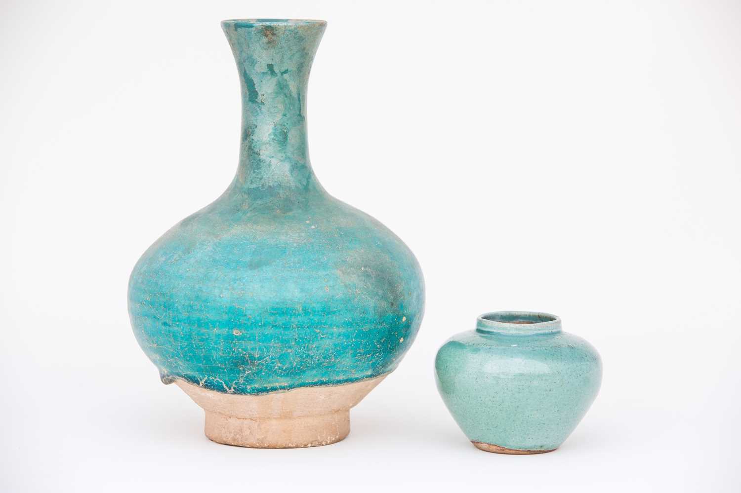 A Kirman bottle vase, 17th/18th century, the bulbous body and flared neck under a crazed turquoise - Image 4 of 4