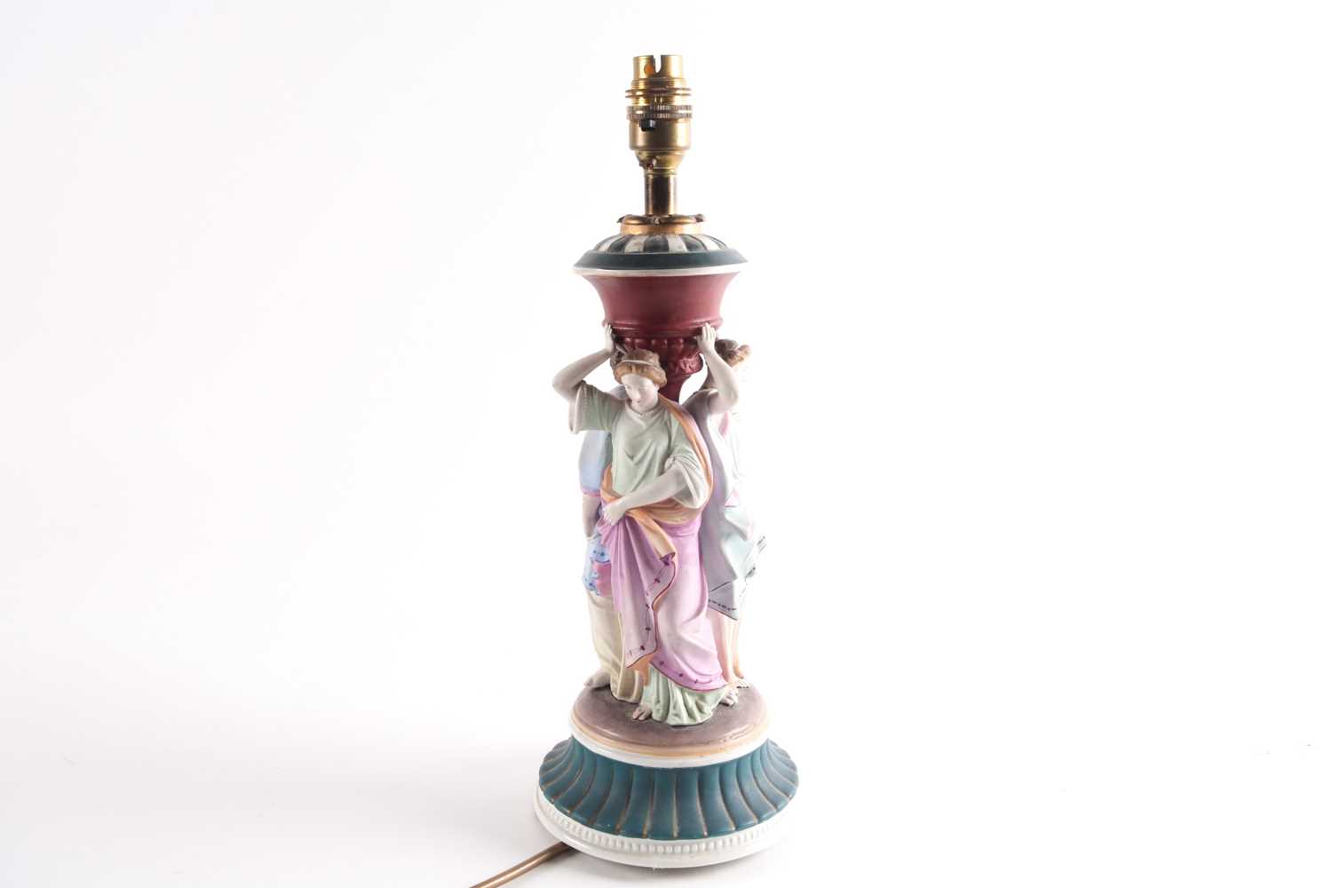 A late 19th century french biscuit porcelain table lamp, modelled with three classical greek