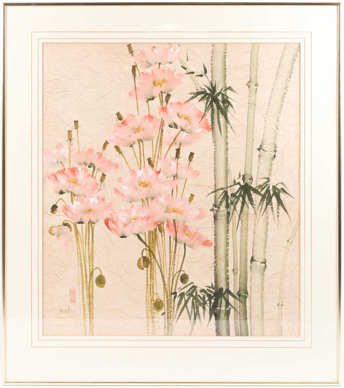 Lenore Berry, 20th century, a Chinese painting on paper, tall poppies and bamboo, signed to lower